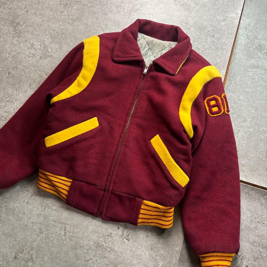 古着　50s〜60s ジップアップ　スタジャン　フロッキー　プリント　ウール