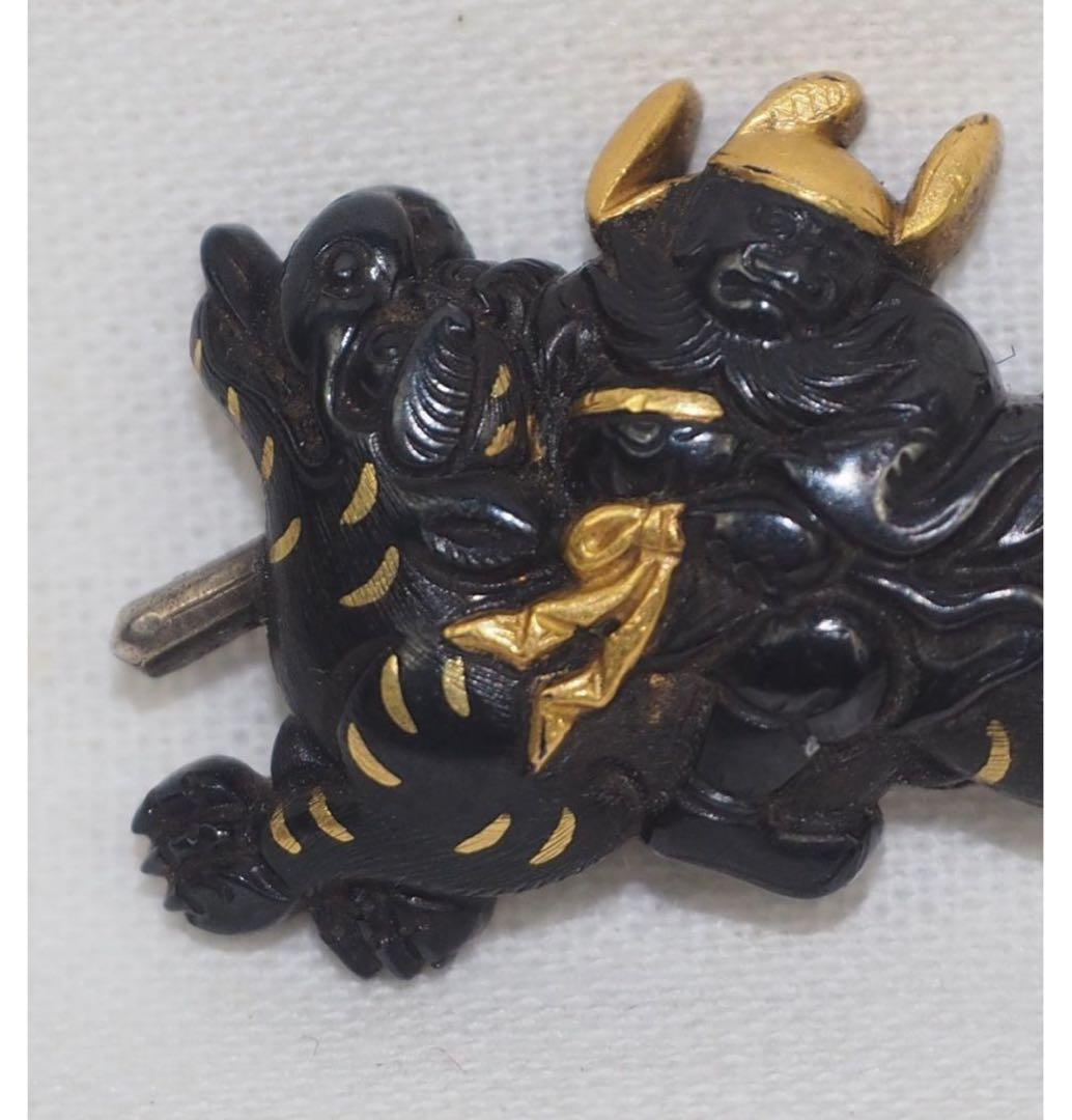 もひさ送料無料コレクター放出品江戸時代金銀象嵌獅子武士図目貫2点刀装具木箱