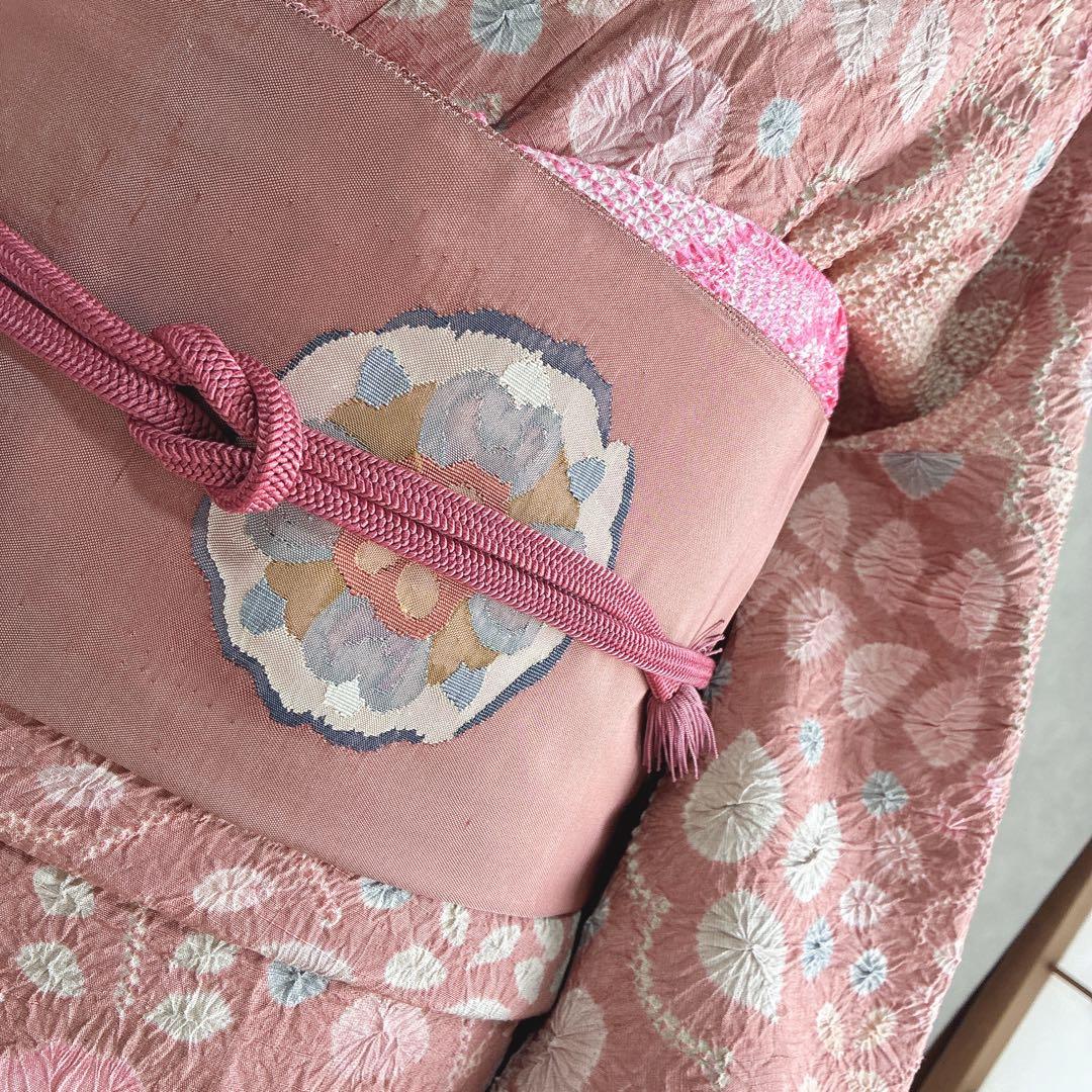 小紋　フルセット　着物　正絹　絞り　しつけ糸付き　和らぎピンク　華やぎ　G9