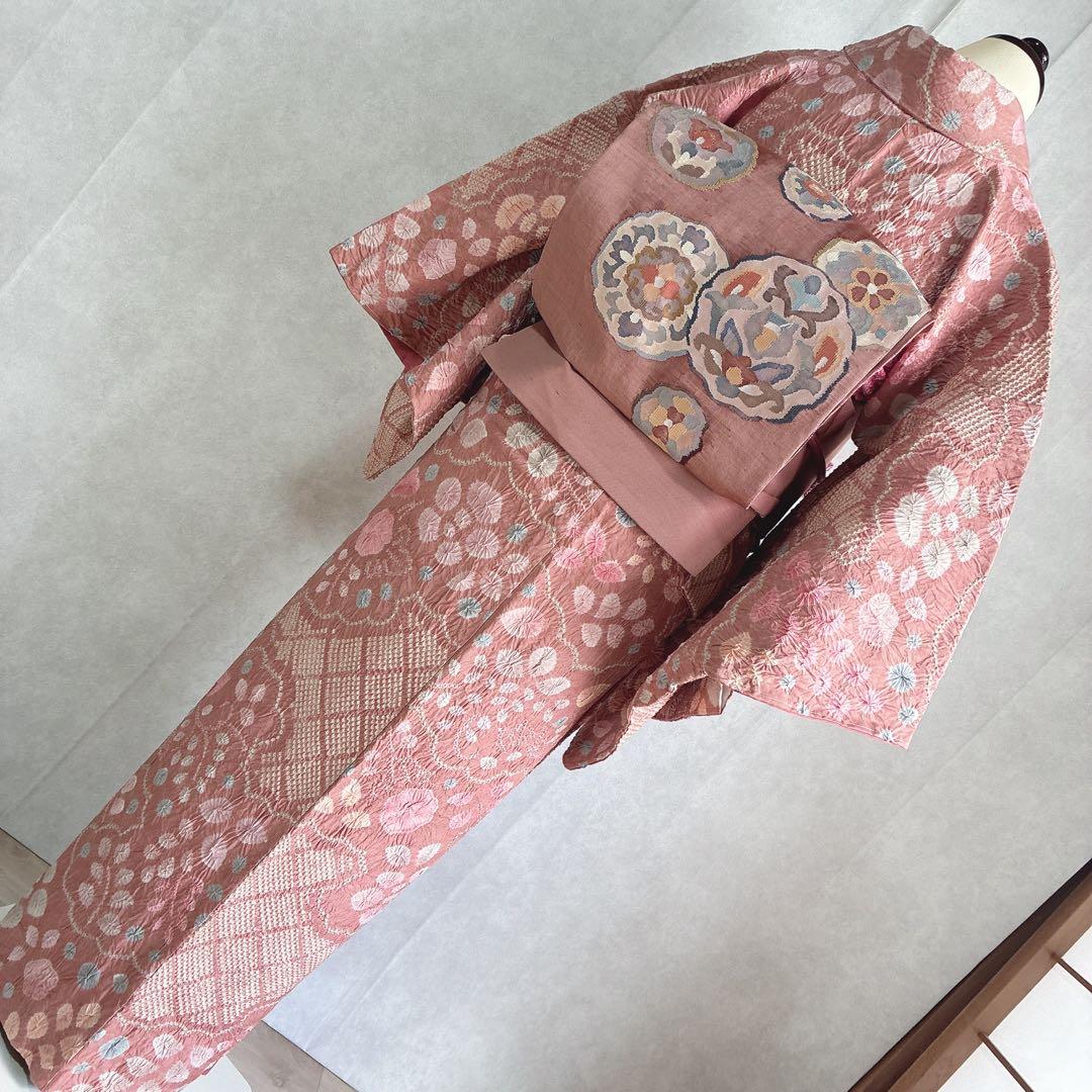 小紋　フルセット　着物　正絹　絞り　しつけ糸付き　和らぎピンク　華やぎ　G9