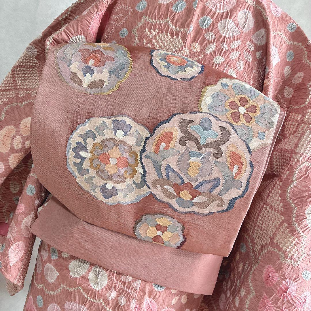 小紋　フルセット　着物　正絹　絞り　しつけ糸付き　和らぎピンク　華やぎ　G9