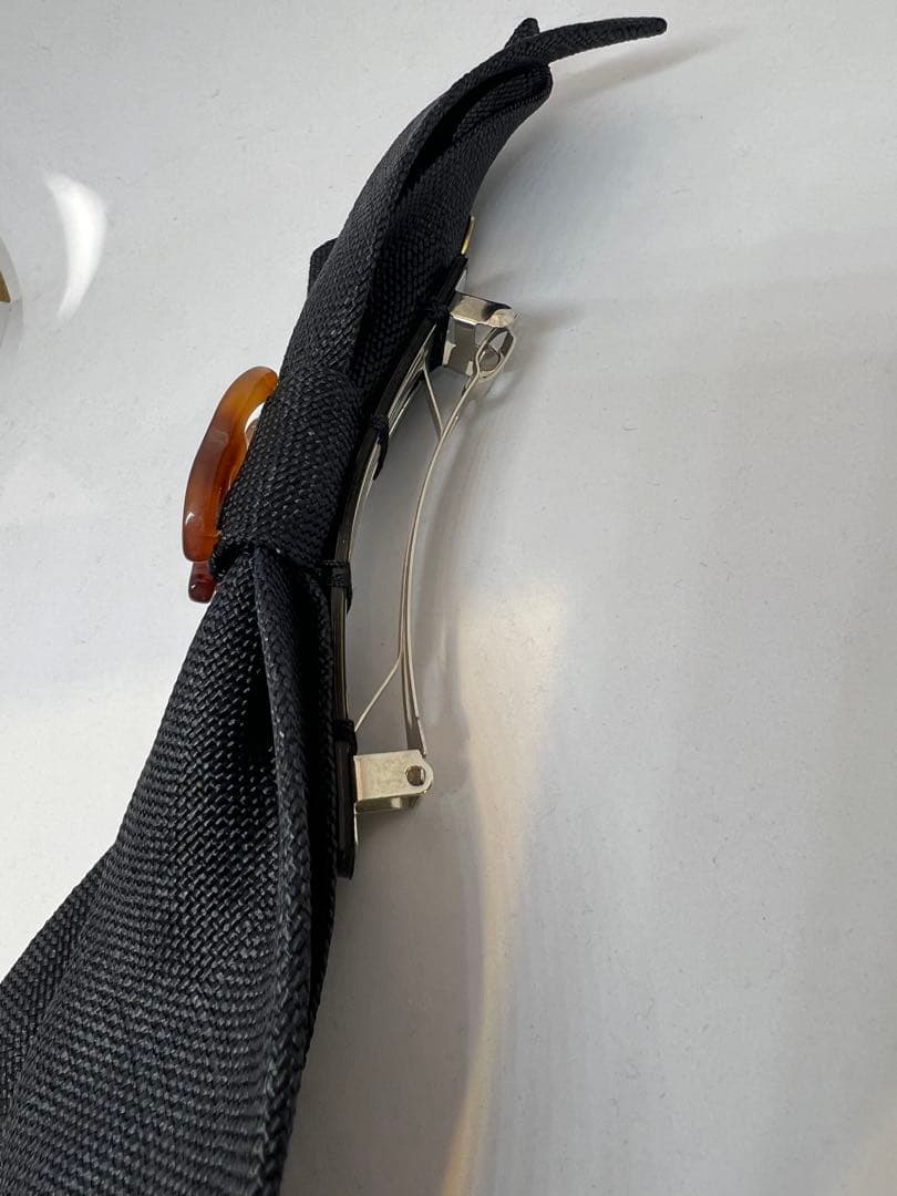 【美品】CHANELリボンバレッタ✴︎鼈甲風ロゴ 麻リボン ブラック