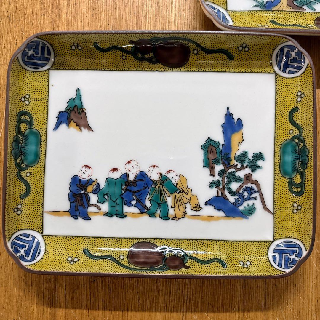 九谷焼　青郊窯　色絵　古九谷絵変り　5.5号皿揃　銘々皿　角皿　長方皿