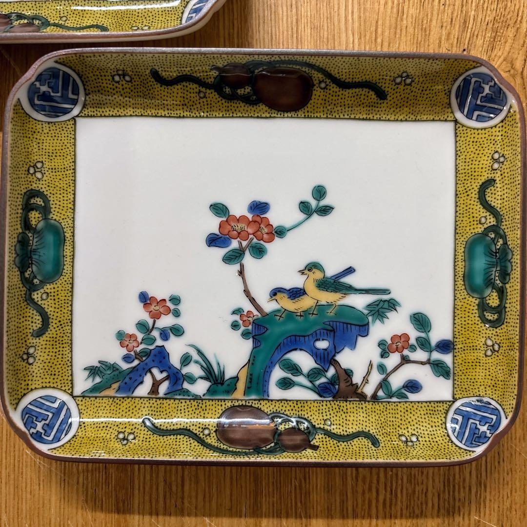 九谷焼　青郊窯　色絵　古九谷絵変り　5.5号皿揃　銘々皿　角皿　長方皿