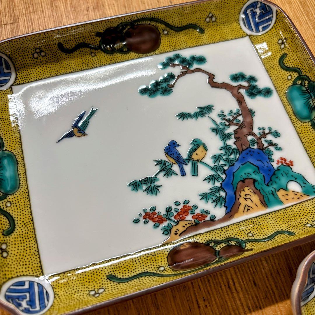 九谷焼　青郊窯　色絵　古九谷絵変り　5.5号皿揃　銘々皿　角皿　長方皿