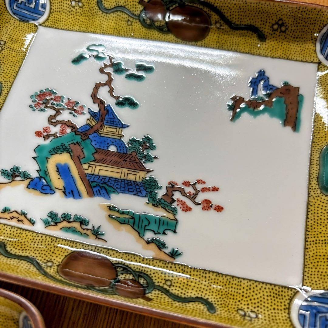 九谷焼　青郊窯　色絵　古九谷絵変り　5.5号皿揃　銘々皿　角皿　長方皿
