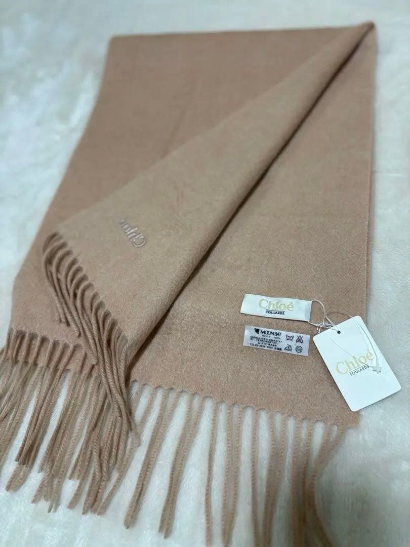 【新品】Chloe 洗えるカシミヤ100% マフラー フリンジ付 サーモンピンク