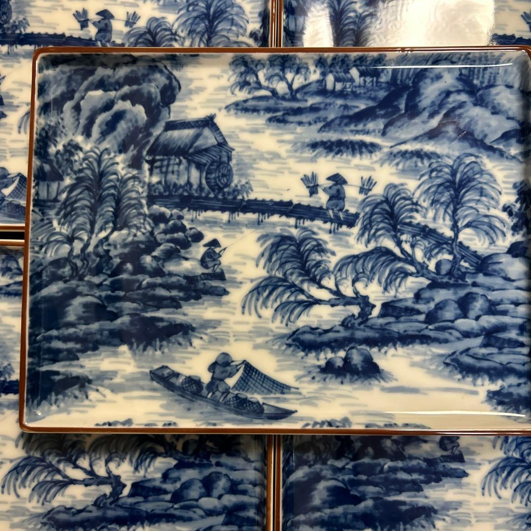 希少　前畑陶器　庫山窯　染付山水画　角皿５枚　大きめな四角皿　角皿　お正月
