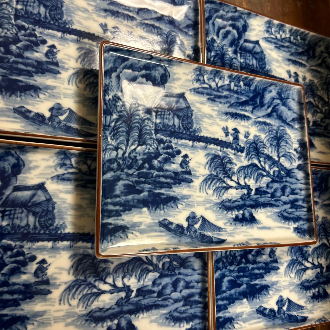 希少　前畑陶器　庫山窯　染付山水画　角皿５枚　大きめな四角皿　角皿　お正月
