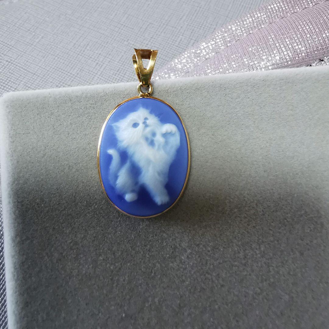 K18 メノウカメオ ITALY製 ネックレストップ 18金チャーム 猫