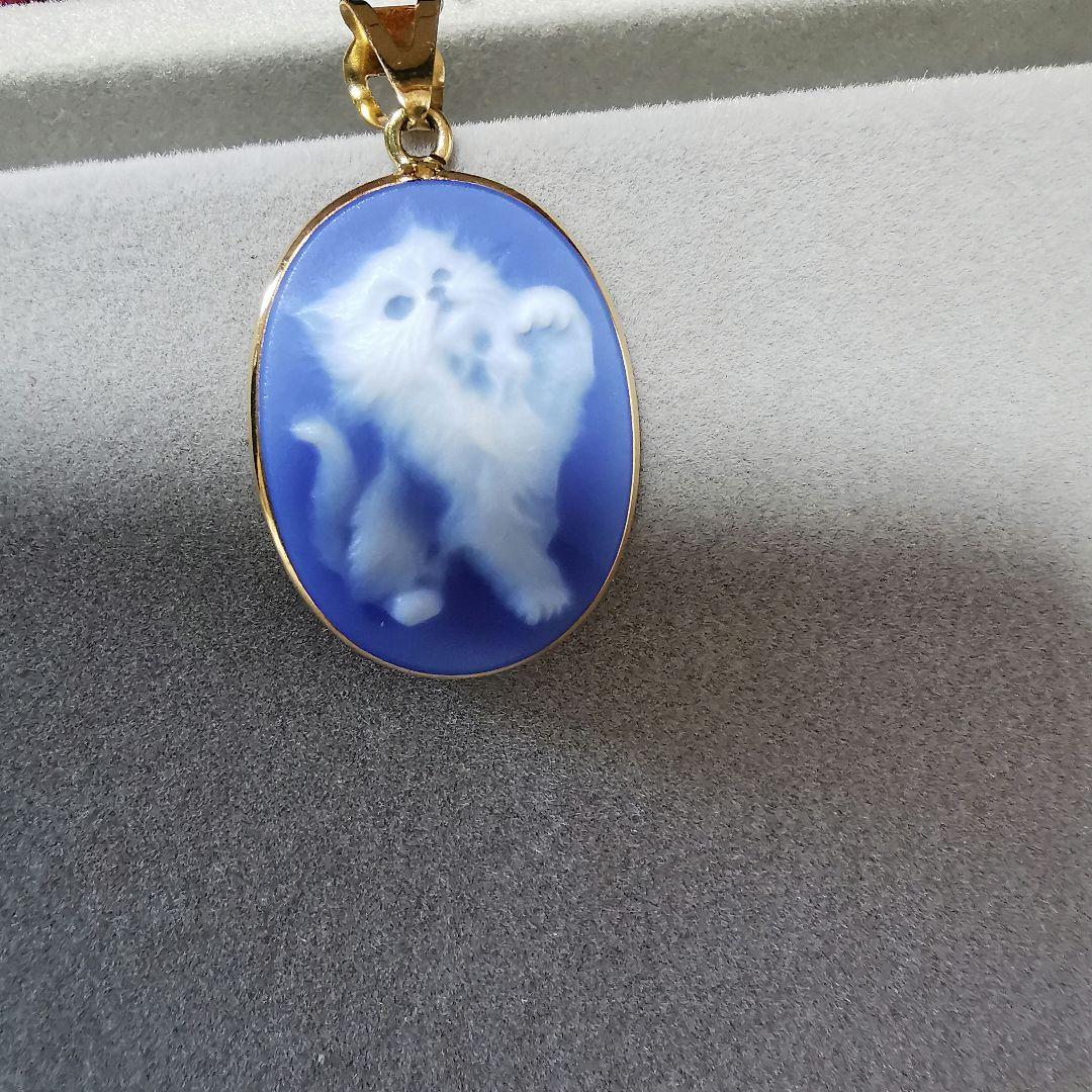 K18 メノウカメオ ITALY製 ネックレストップ 18金チャーム 猫