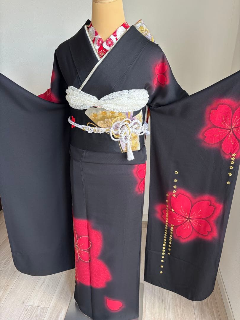 あああ 振袖フルセット　成人式　正絹振袖　袋帯　黒赤系　クリーニング済み