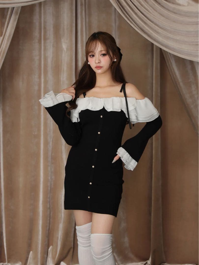 ワンピース M me eme Noir frill ribbon mini onepiece