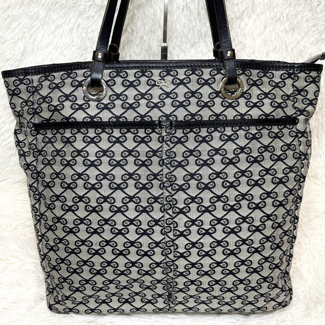美品 アニヤハインドマーチ リボン 総柄 トートバッグ グレー ロゴ レザー