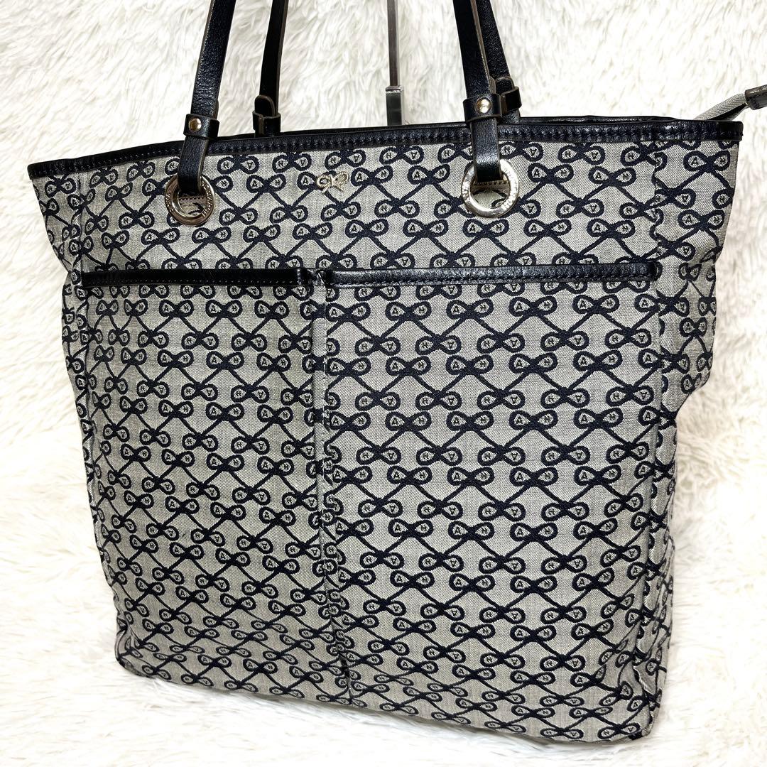 美品 アニヤハインドマーチ リボン 総柄 トートバッグ グレー ロゴ レザー