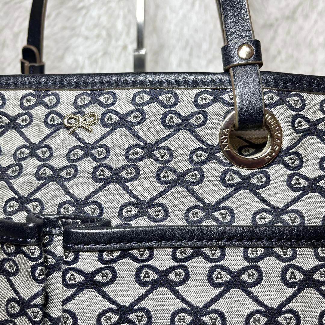 美品 アニヤハインドマーチ リボン 総柄 トートバッグ グレー ロゴ レザー