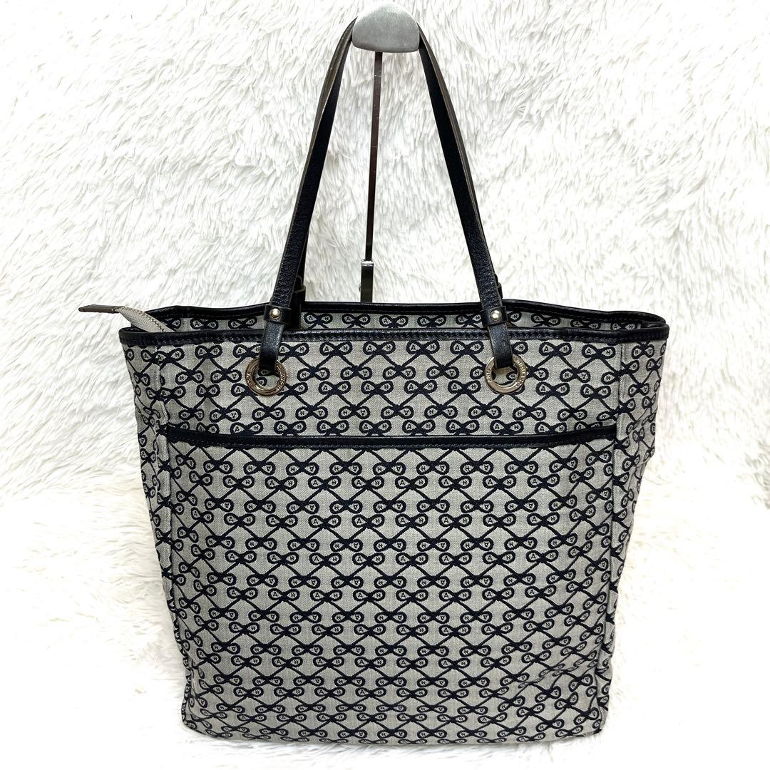 美品 アニヤハインドマーチ リボン 総柄 トートバッグ グレー ロゴ レザー