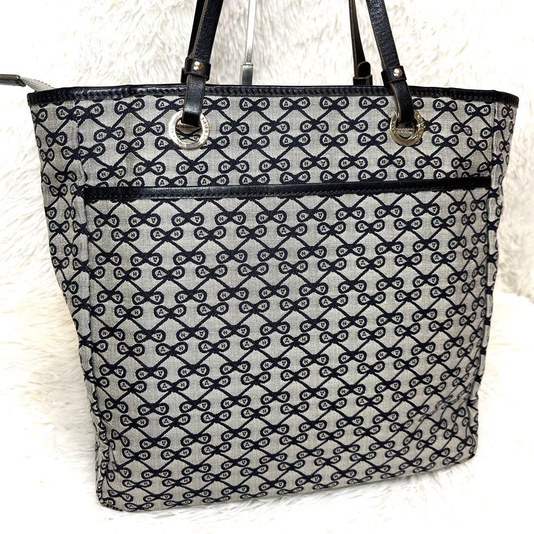 美品 アニヤハインドマーチ リボン 総柄 トートバッグ グレー ロゴ レザー