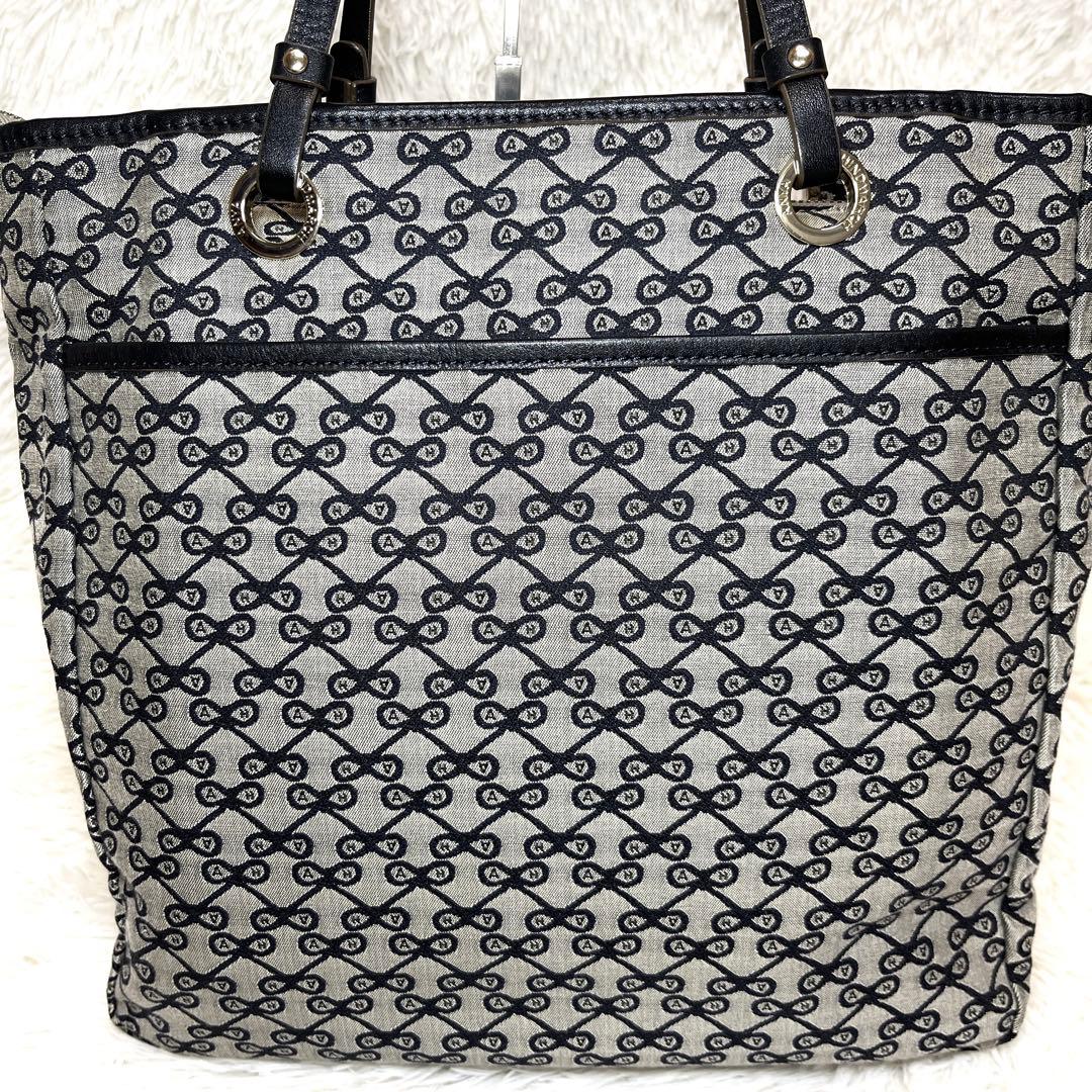 美品 アニヤハインドマーチ リボン 総柄 トートバッグ グレー ロゴ レザー