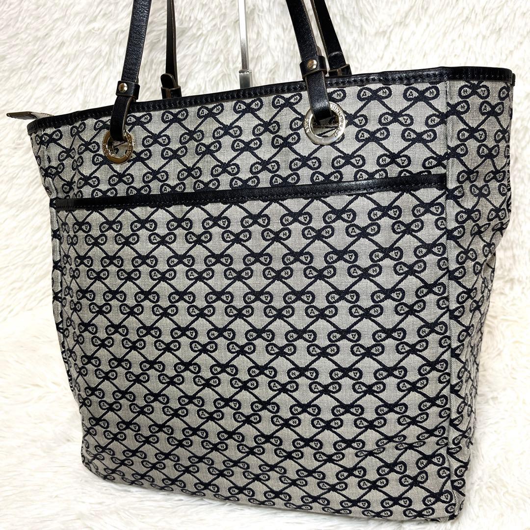 美品 アニヤハインドマーチ リボン 総柄 トートバッグ グレー ロゴ レザー