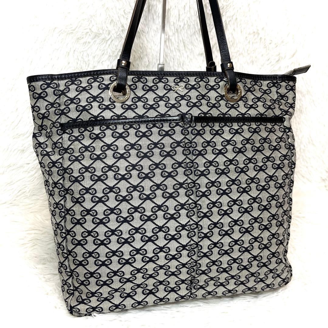 美品 アニヤハインドマーチ リボン 総柄 トートバッグ グレー ロゴ レザー