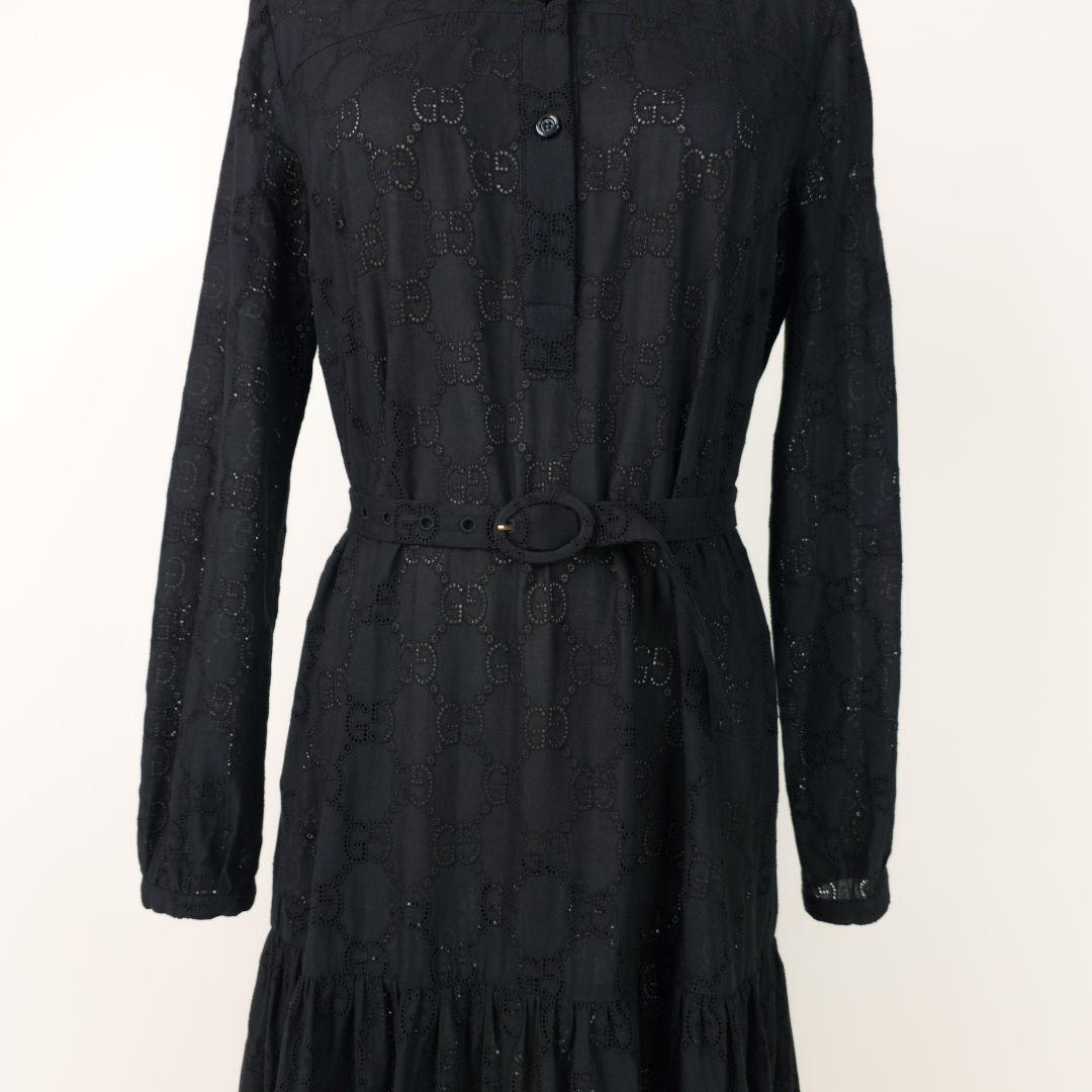 【極美品】グッチ GGロゴ刺繍 ティアード ワンピース ベルト ブラック 36