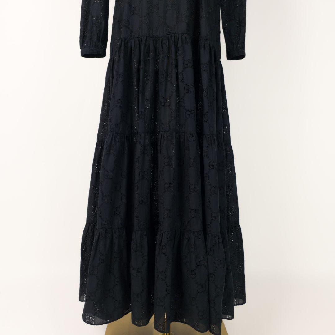 【極美品】グッチ GGロゴ刺繍 ティアード ワンピース ベルト ブラック 36