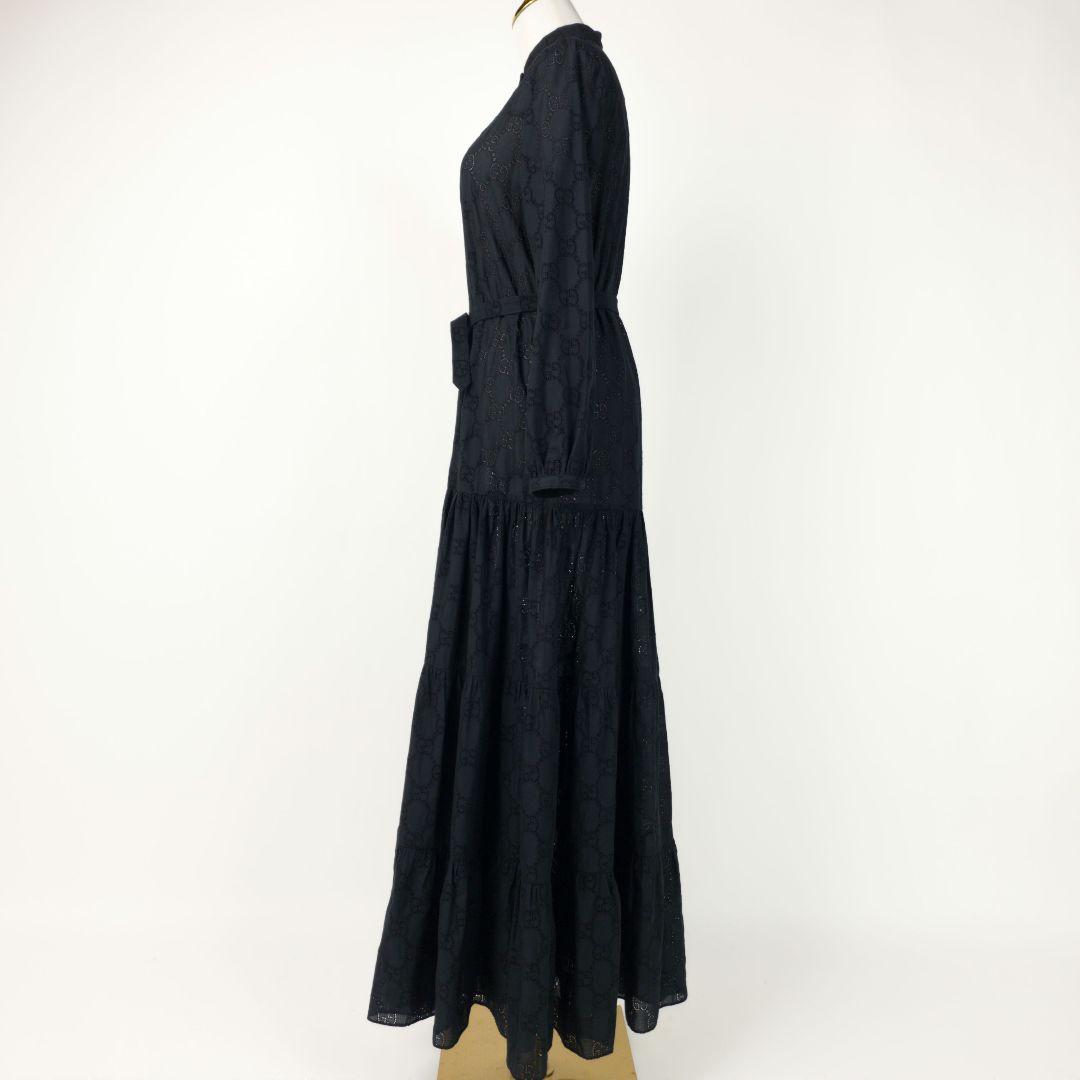 【極美品】グッチ GGロゴ刺繍 ティアード ワンピース ベルト ブラック 36