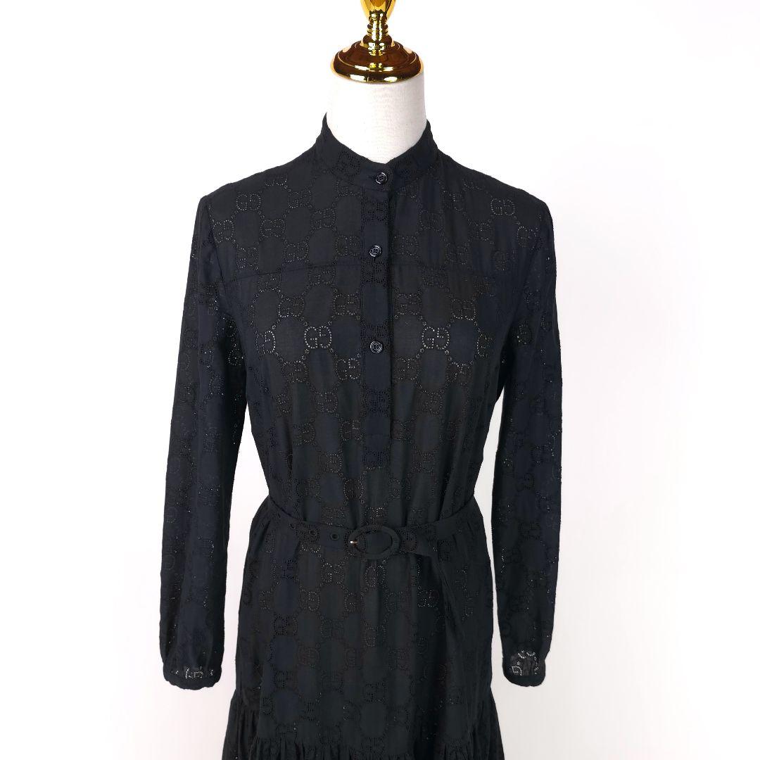 【極美品】グッチ GGロゴ刺繍 ティアード ワンピース ベルト ブラック 36