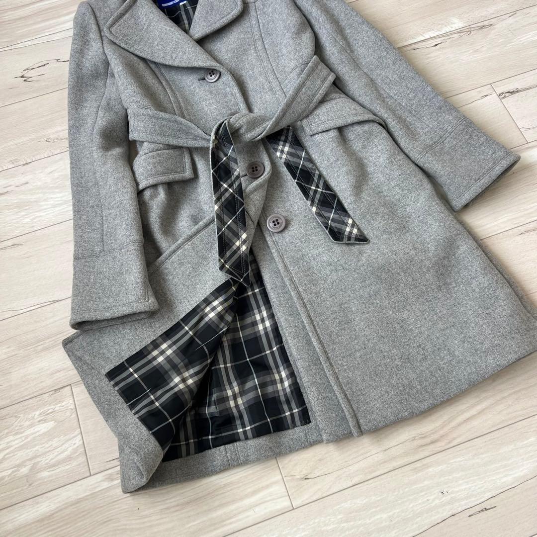 バーバリーブルーレーベル　ベルテッドコート　チェック　ロングコート　アンゴラ