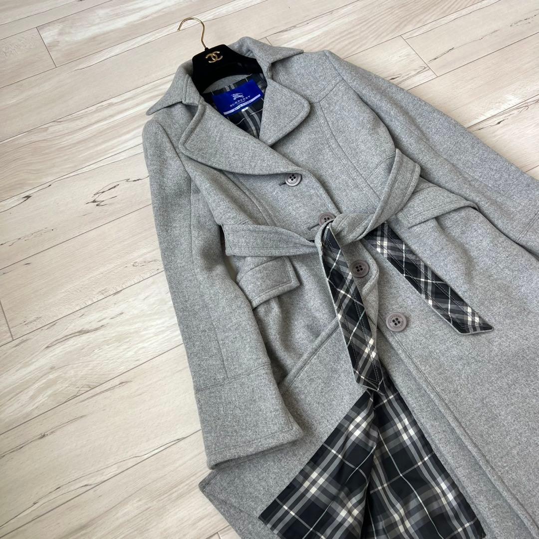 バーバリーブルーレーベル　ベルテッドコート　チェック　ロングコート　アンゴラ