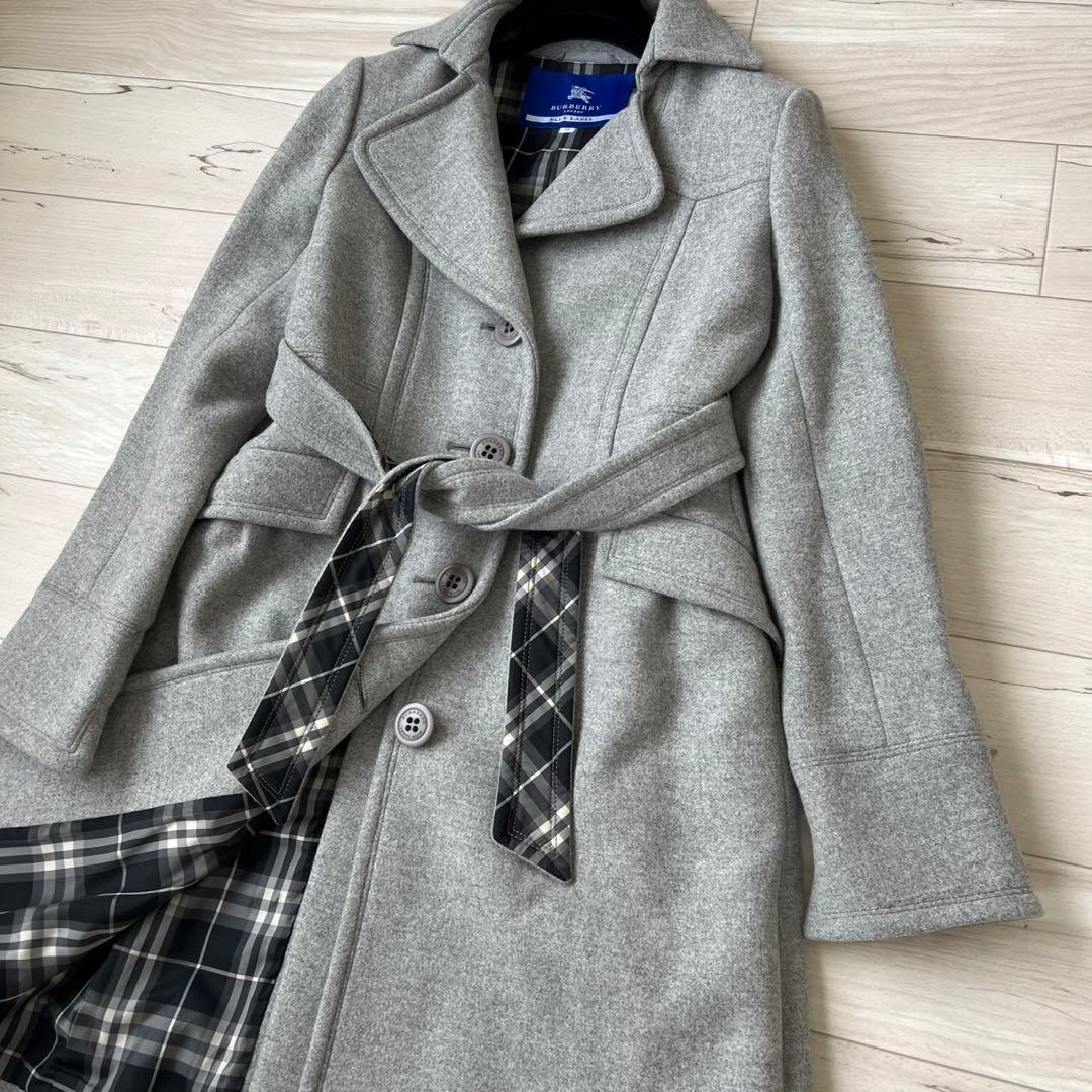 バーバリーブルーレーベル　ベルテッドコート　チェック　ロングコート　アンゴラ