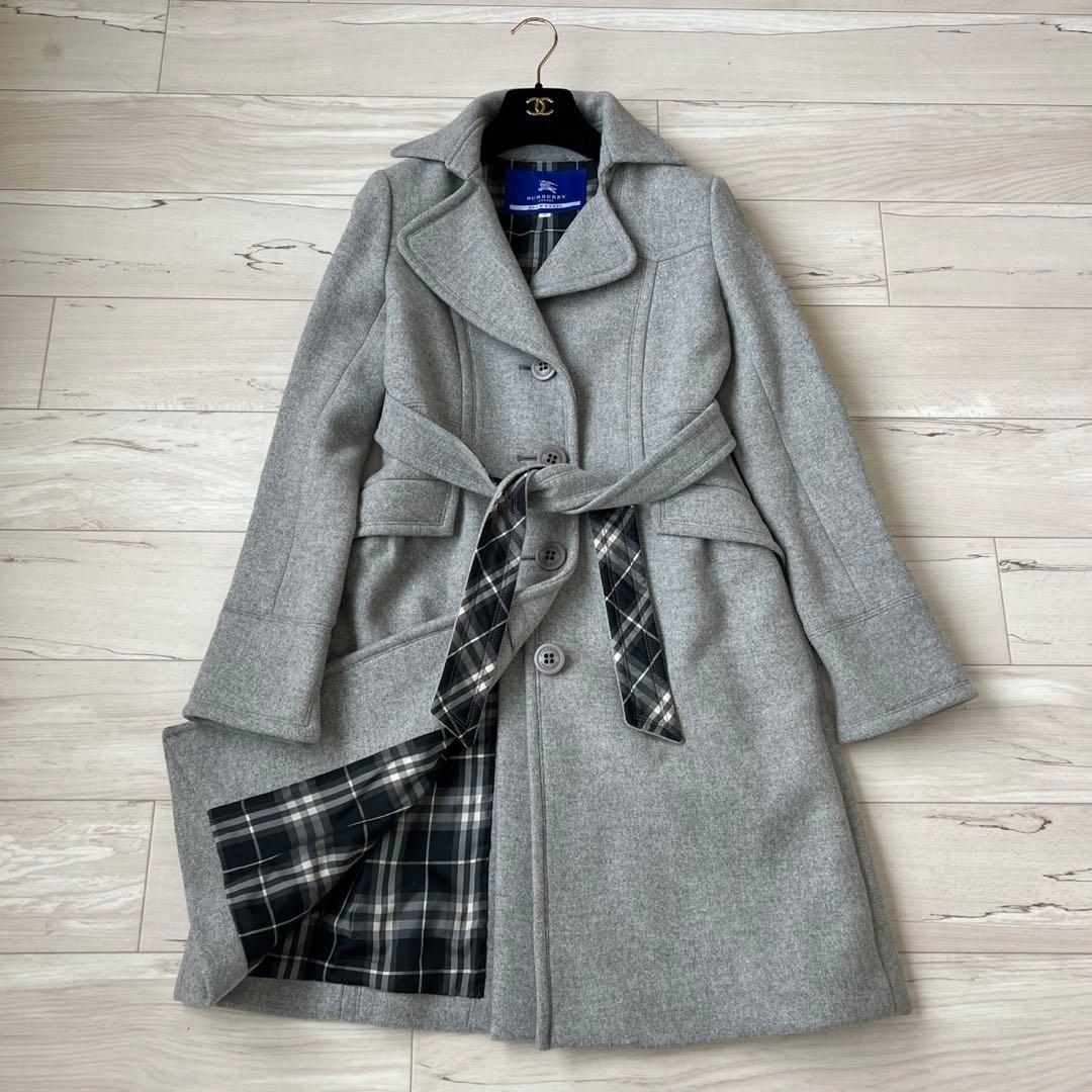 バーバリーブルーレーベル　ベルテッドコート　チェック　ロングコート　アンゴラ