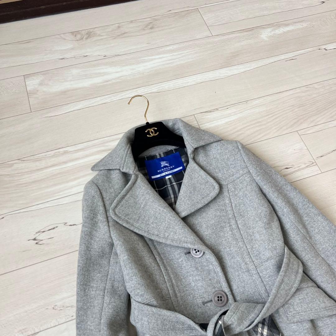 バーバリーブルーレーベル　ベルテッドコート　チェック　ロングコート　アンゴラ