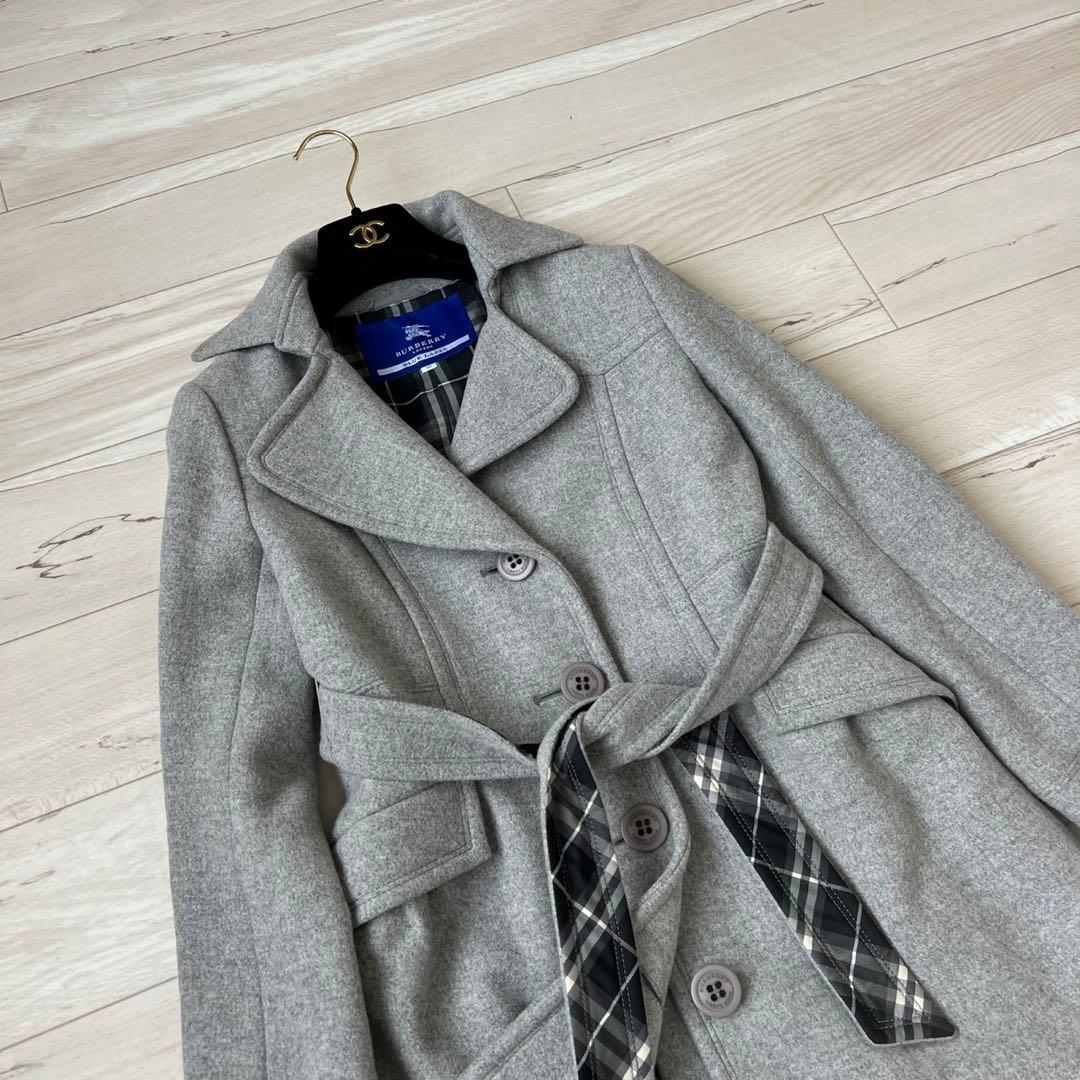 バーバリーブルーレーベル　ベルテッドコート　チェック　ロングコート　アンゴラ