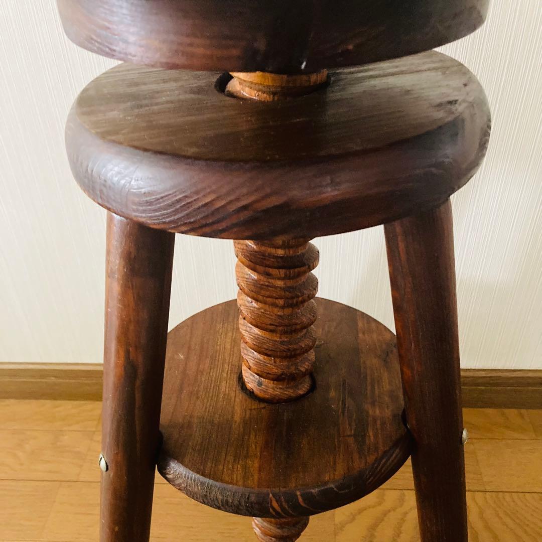 レア！一点物！アンティーク調 木製回転式スツール ウッドスツール 無垢材 三本脚
