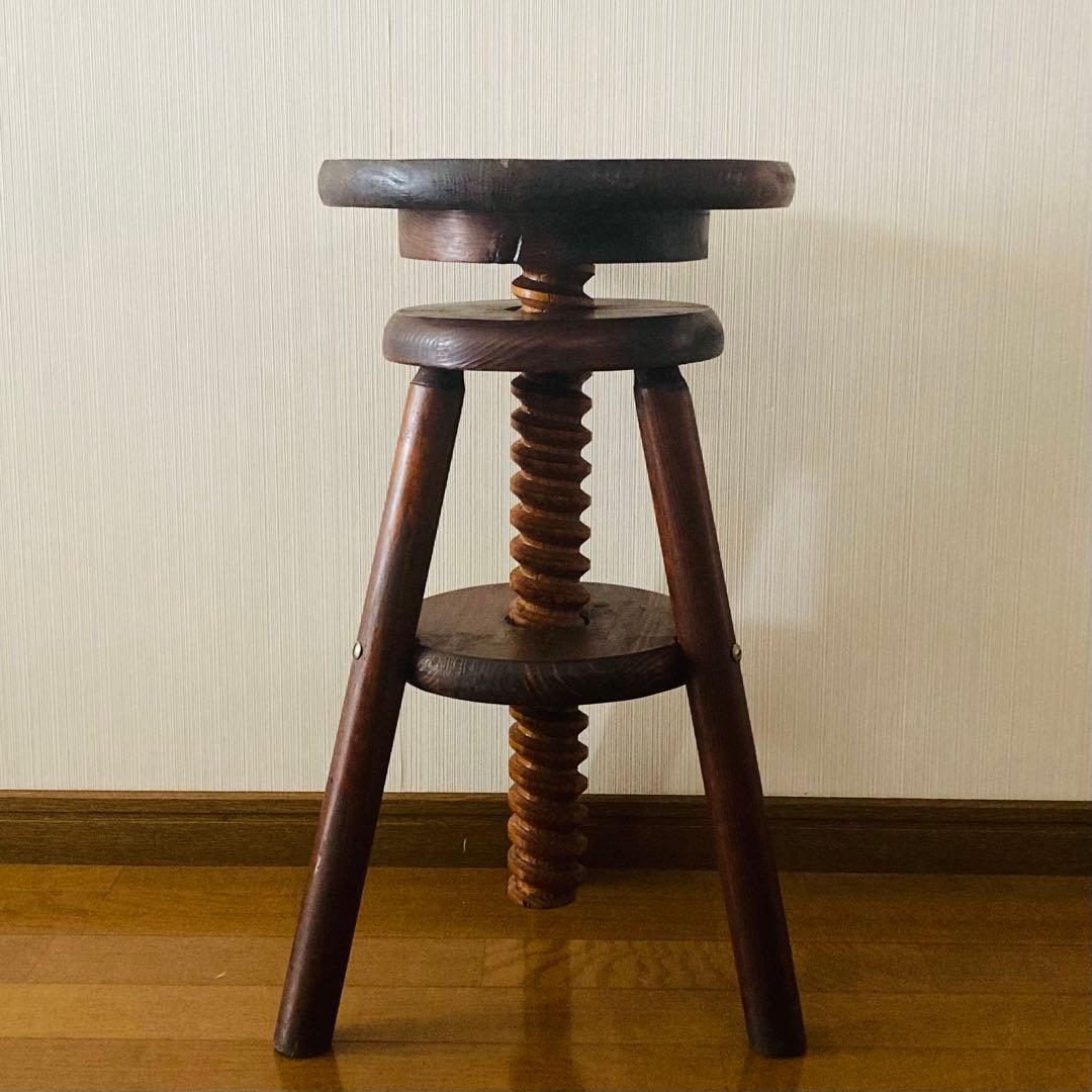 レア！一点物！アンティーク調 木製回転式スツール ウッドスツール 無垢材 三本脚