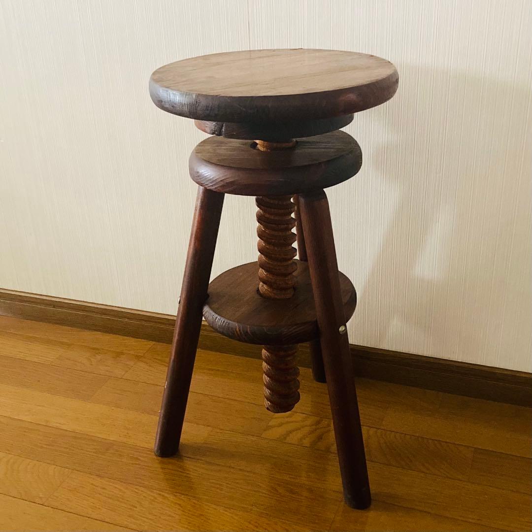 レア！一点物！アンティーク調 木製回転式スツール ウッドスツール 無垢材 三本脚
