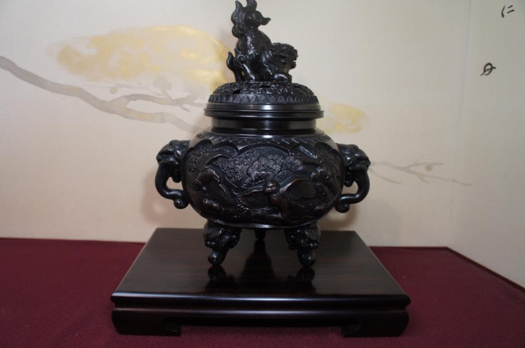 ★美品 未使用 高岡銅器 瑞峰作 新特大 花鳥 高級銅製香炉工芸作家造 送料込み