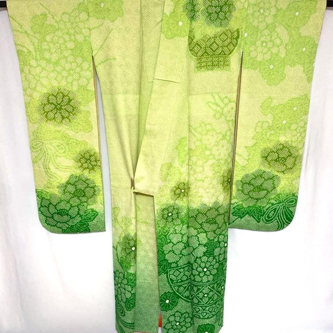 4k2291 振袖　正絹　袷　藤娘きぬたや　総絞り　緑　白　花柄