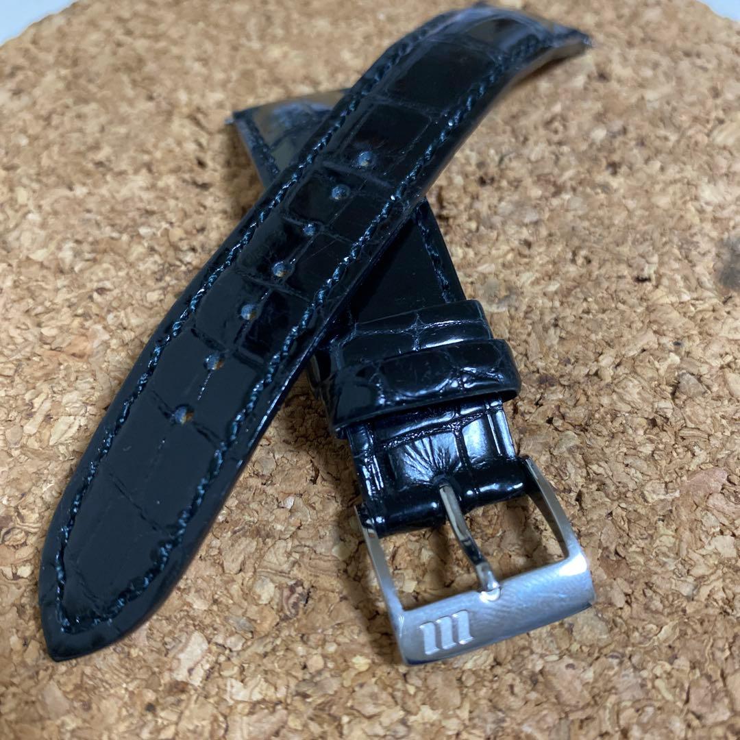 時計バンド クロコダイル 腹 幅 19mm ブラック シャイニング仕上げ 竹符