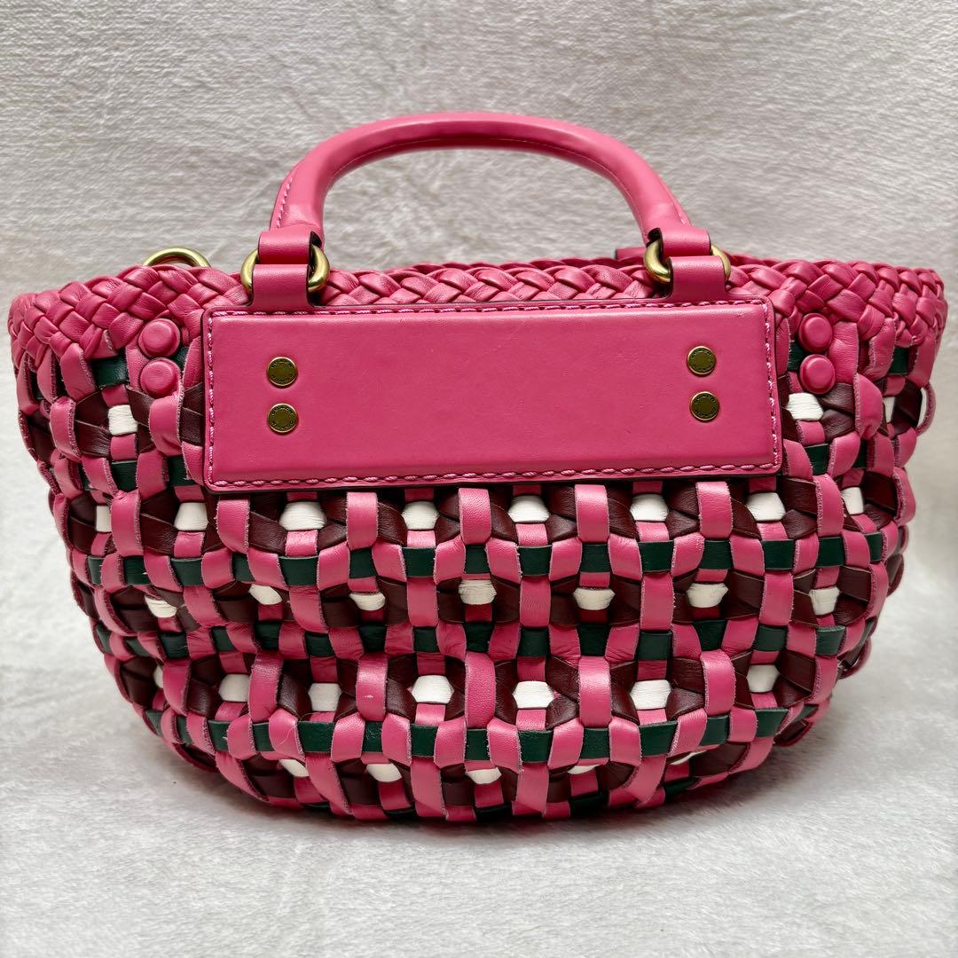 COACH コーチ ウーブントート ピンク 編み込みレザー かごバッグ
