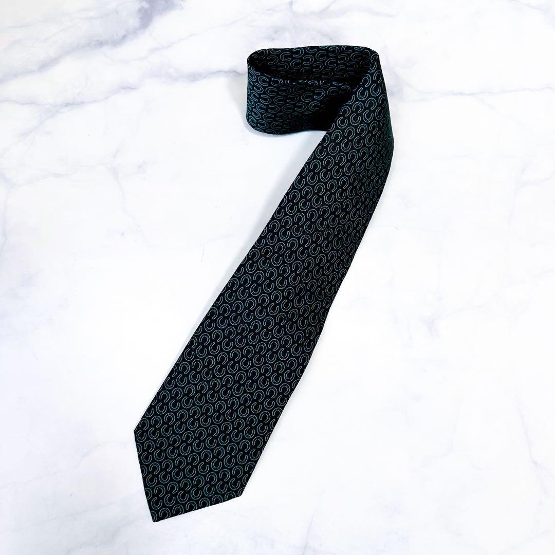 【 HERMES 】　馬蹄　黒　ホースビット　シルク　ネクタイ　エルメス　美品