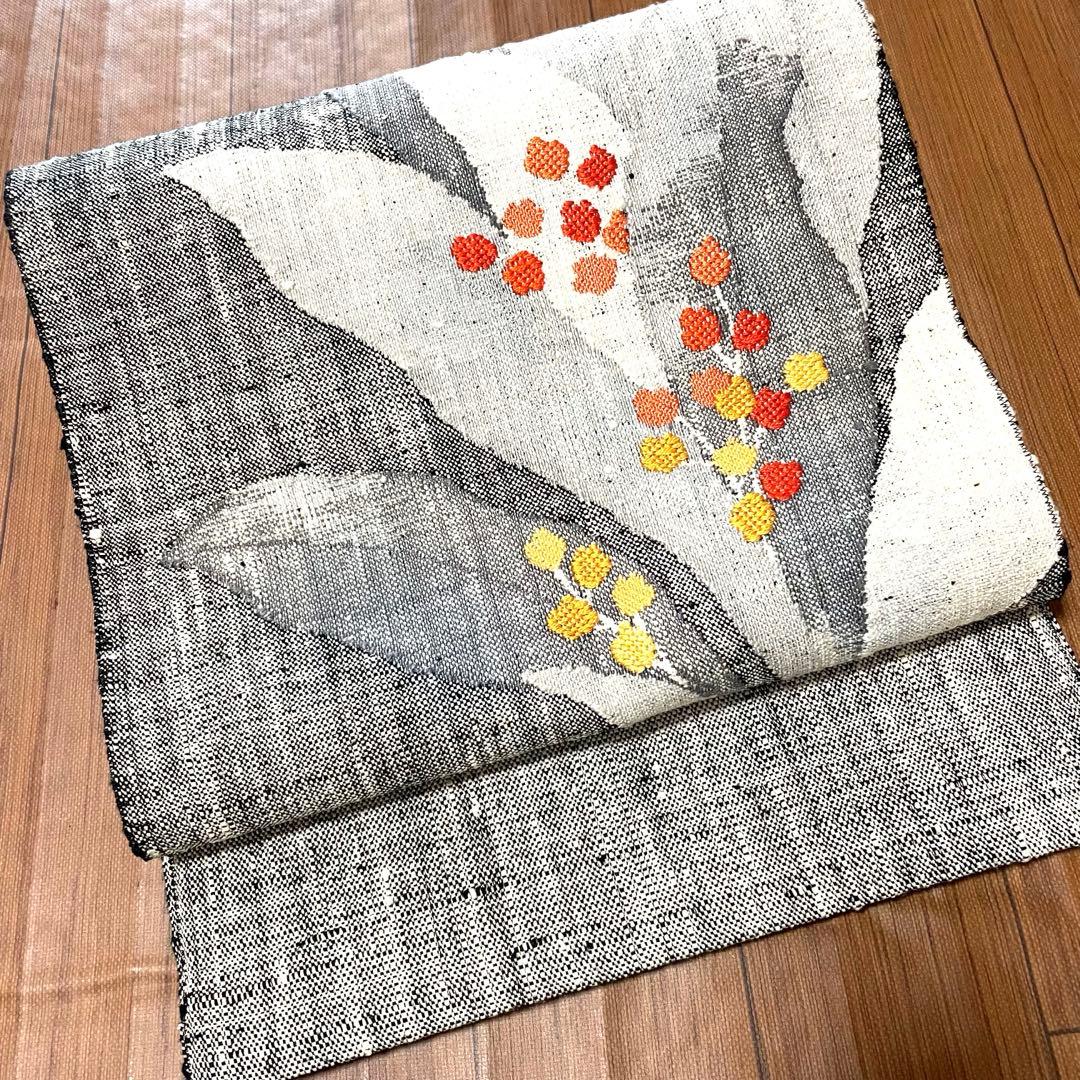 ⭐️西陣織　渡文　ハ寸名古屋帯⭐️白×黒　花柄　普段着物　ざっくり上質