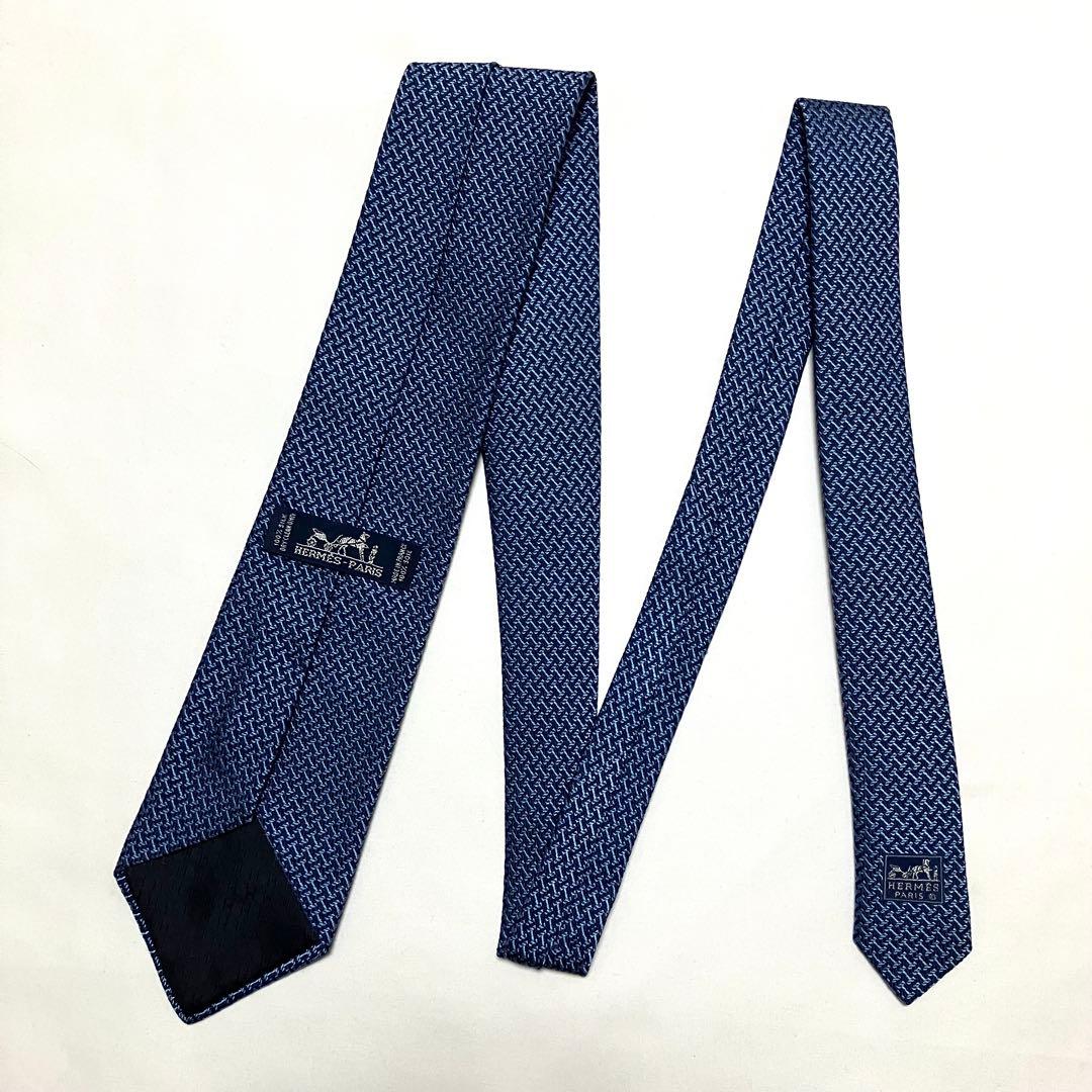 良品 HERMES エルメス ネクタイ H柄 総柄 ブルー系 シルク100%