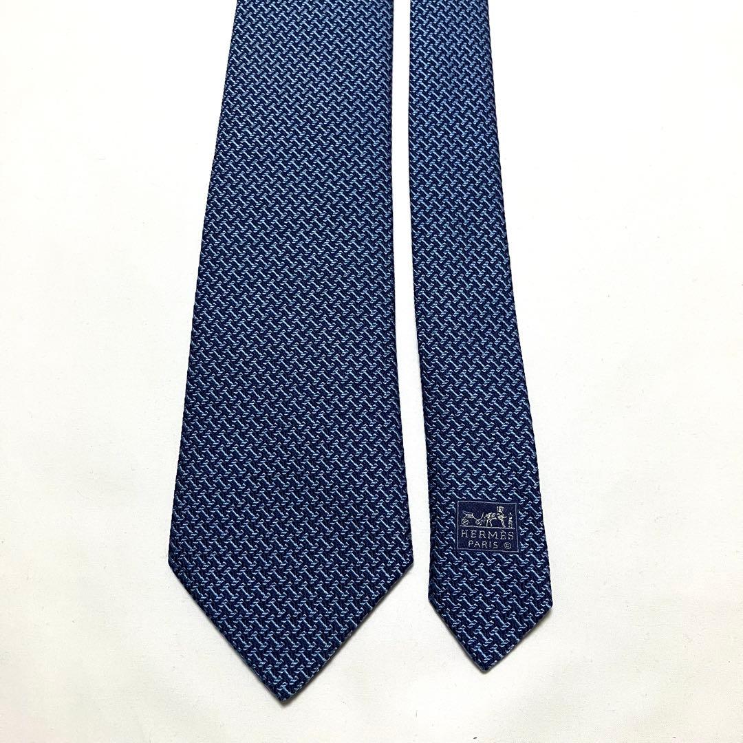 良品 HERMES エルメス ネクタイ H柄 総柄 ブルー系 シルク100%