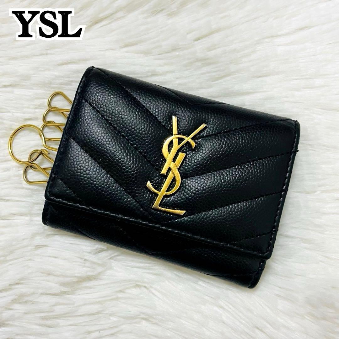 極美✨付属あり✨サンローラン キーケース 6連 キャビアスキン Vステッチ 黒