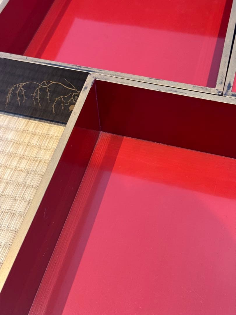 時代漆器 研ぎ出し草花蒔絵 五段重箱 二枚蓋 木瓜紋 保管箱