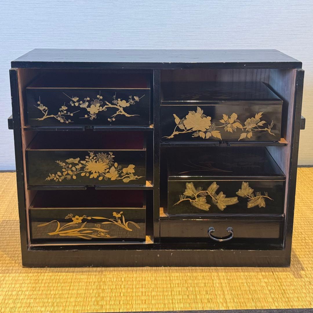 時代漆器 研ぎ出し草花蒔絵 五段重箱 二枚蓋 木瓜紋 保管箱