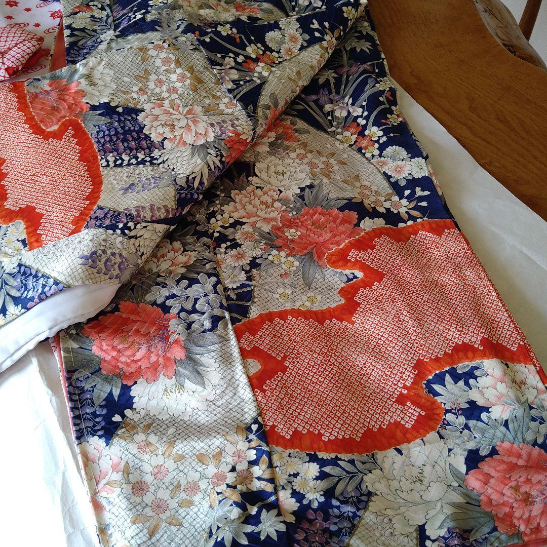 花柄扇子柄　2尺袖着物　長襦袢付き